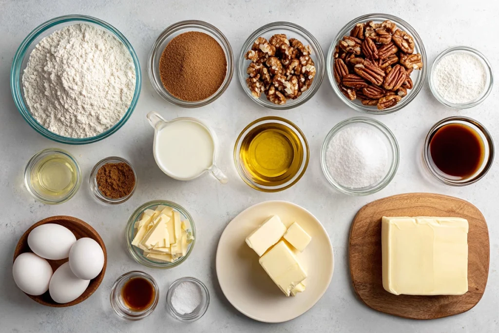 Maple Pecan Cinnamon Roll Cupcakes Cupcakes That Taste Like a Cozy Weekend Morning 7 Ingredients for Maple Pecan Cinnamon Roll Cupcakes arranged on a kitchen counter