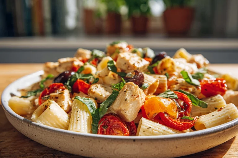 Mediterranean Chicken Pasta Salad served on a ceramic plate in a cozy home kitchen