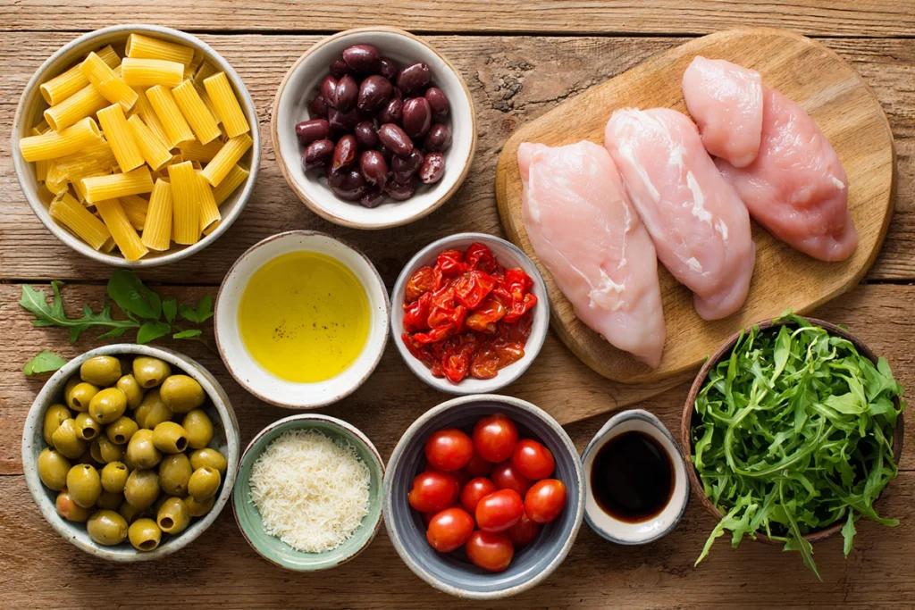Ingredients for Mediterranean Chicken Pasta Salad arranged on a wooden kitchen surface