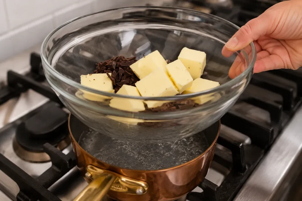 Chocolate Lava Cake with a Soft Molten Center 3 Melting chocolate and butter for chocolate lava cake batter