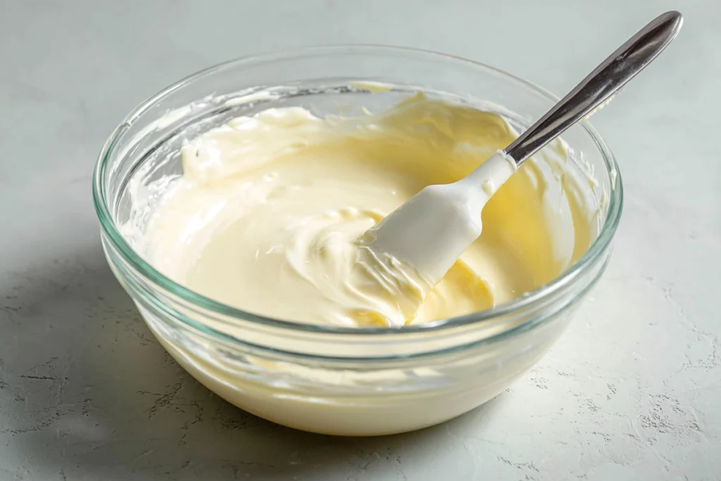 Melted white chocolate mixture for pistachio fudge in a glass bowl