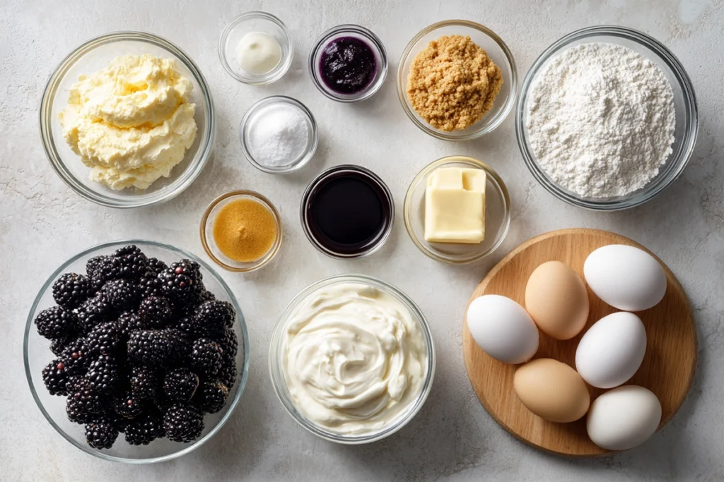 Ingredients for Mini Blackberry Lavender Cheesecakes arranged on a kitchen counter