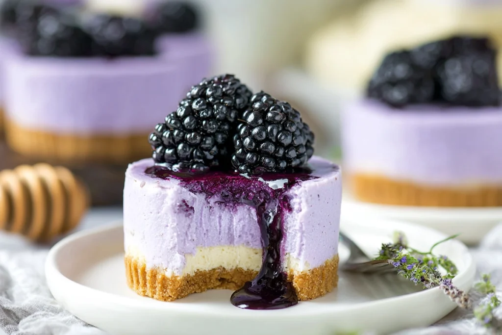 Mini Blackberry Lavender Cheesecakes with a creamy bite taken out