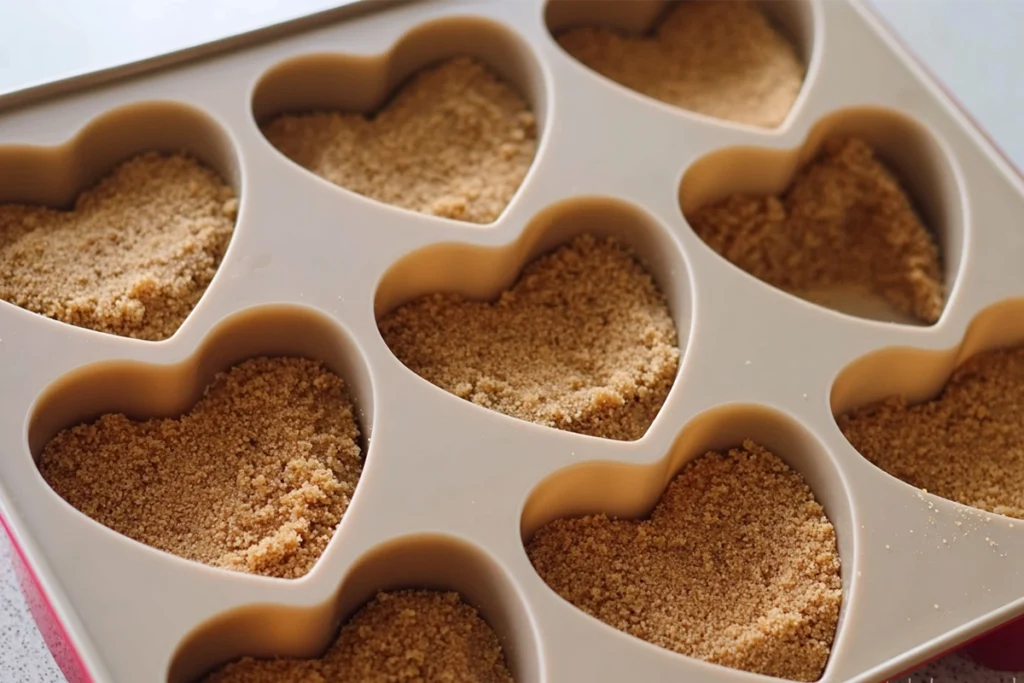 Pressing graham cracker crust into heart molds for Mini Cheesecake Hearts
