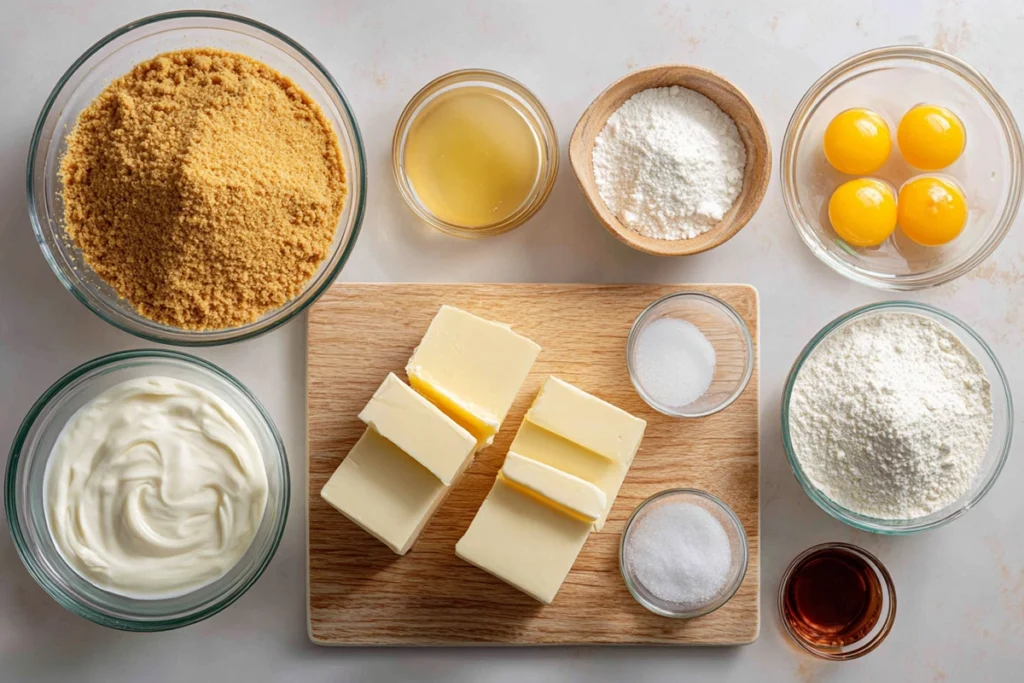 Ingredients for Mini Crème Brûlée Cheesecakes arranged overhead
