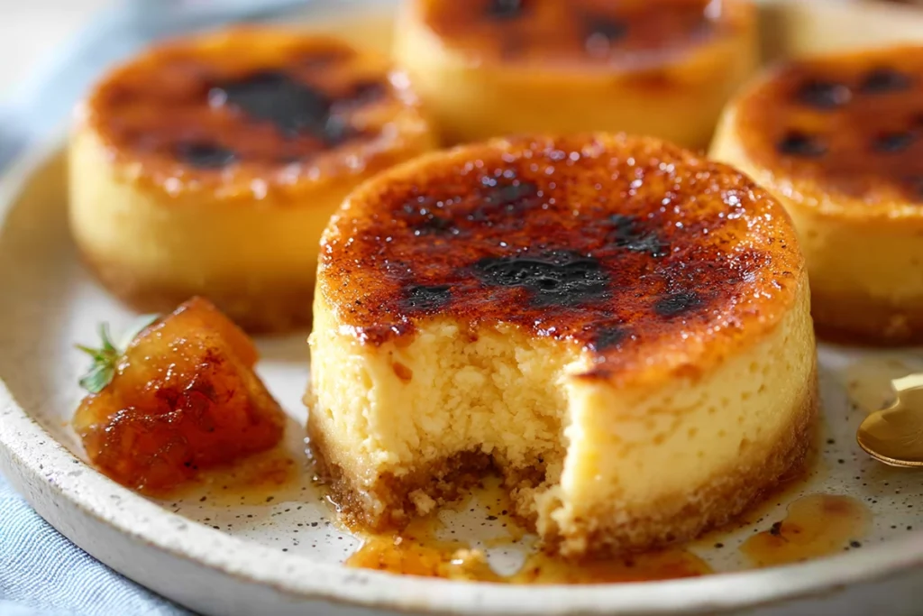 Mini Crème Brûlée Cheesecakes with cracked caramelized top