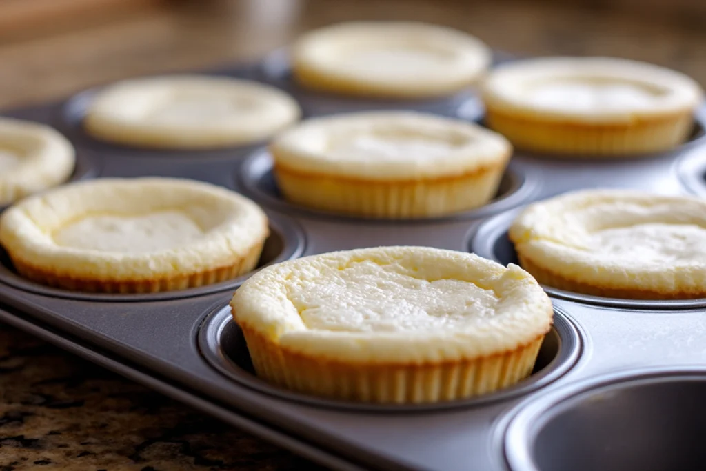 Baked Mini Pineapple Upside Down Cheesecakes cooling in a muffin pan