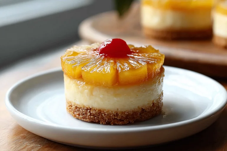 : Mini Pineapple Upside Down Cheesecakes served on a ceramic plate