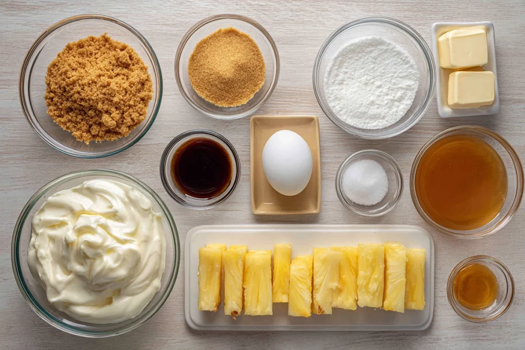 Ingredients for Mini Pineapple Upside Down Cheesecakes arranged overhead