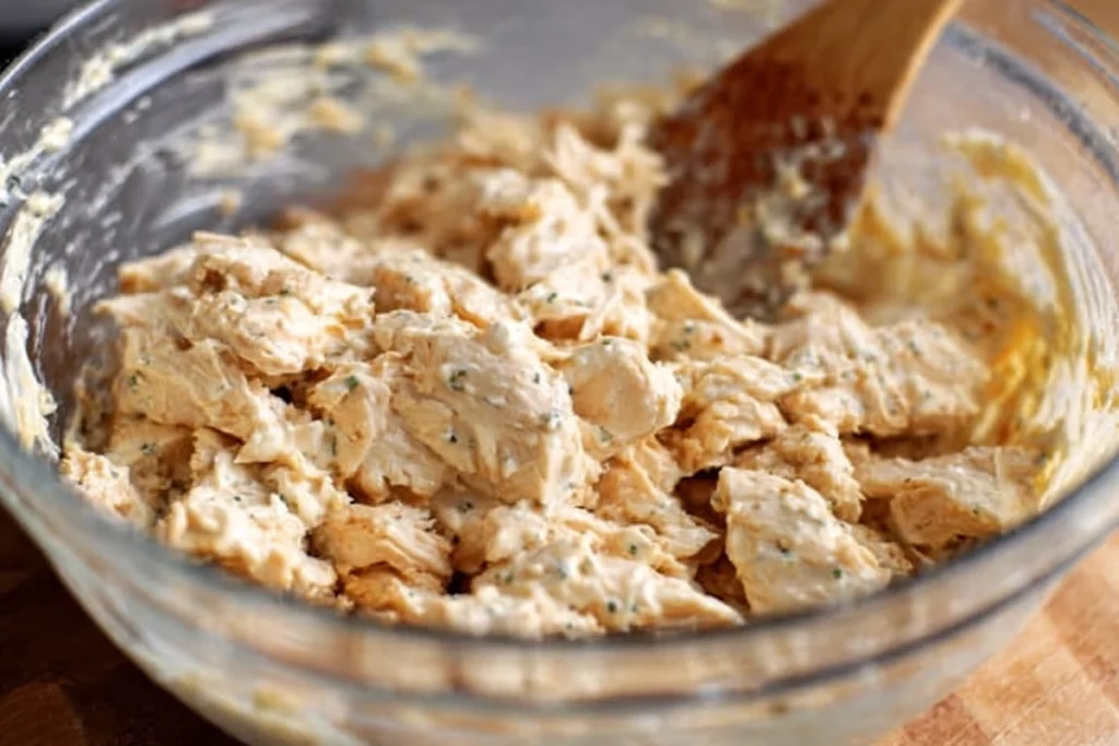 Cheesy garlic chicken wrap filling mixed until creamy and well coated