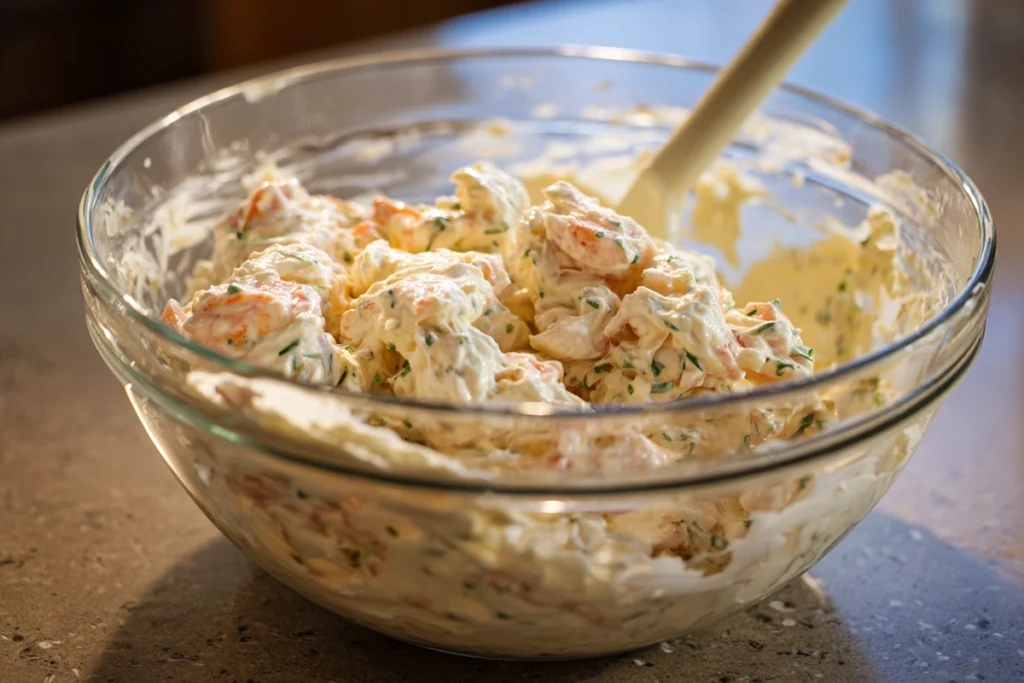 folding shrimp into creamy shrimp dip mixture in a glass bowl