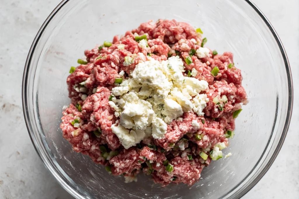 Mixing jalapeño burgers with gorgonzola cheese before grilling