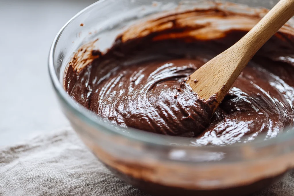 Mixing thick chocolate batter for Lunch Lady Brownies in a glass bowl