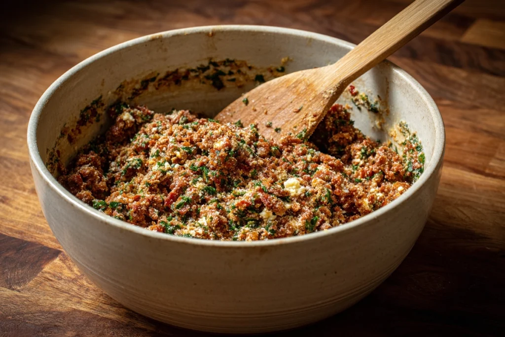 Meatball mixture prepared for smoked Italian meatballs recipe before shaping