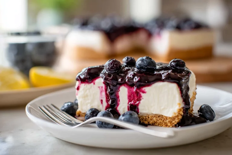 No Bake Blueberry Cheesecake served on a white plate in a cozy home kitchen
