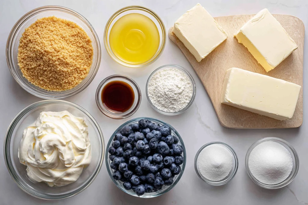 Ingredients for No Bake Blueberry Cheesecake arranged on a kitchen counter