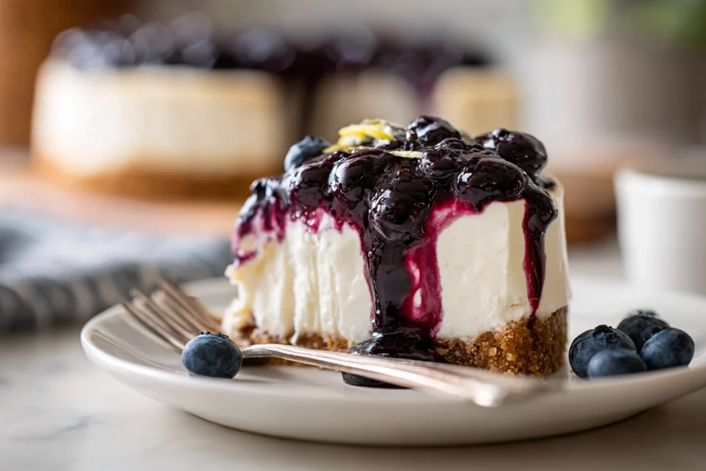 No Bake Blueberry Cheesecake slice ready to eat in a home kitchen
