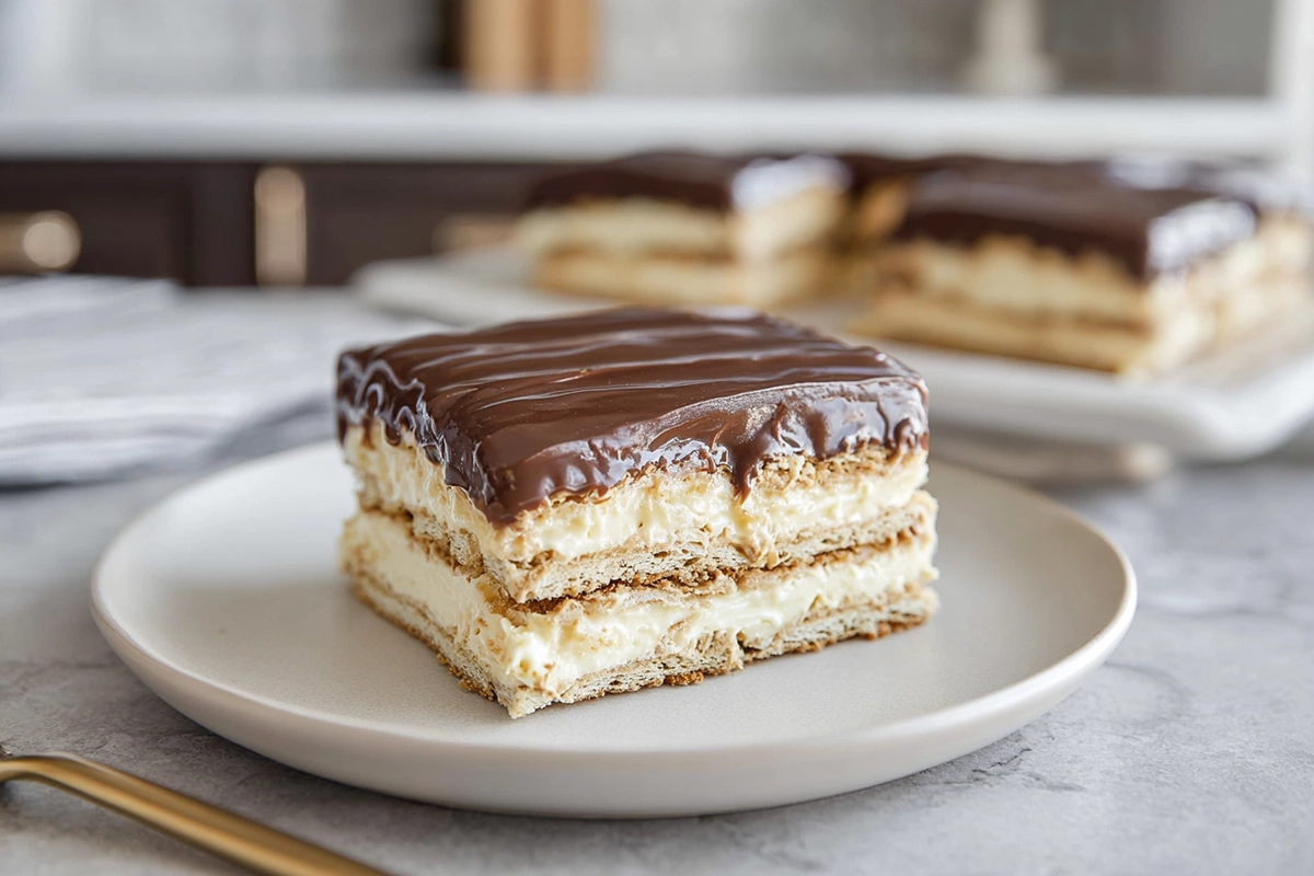 No Bake Eclair Cake served on a modern plate in a cozy home kitchen