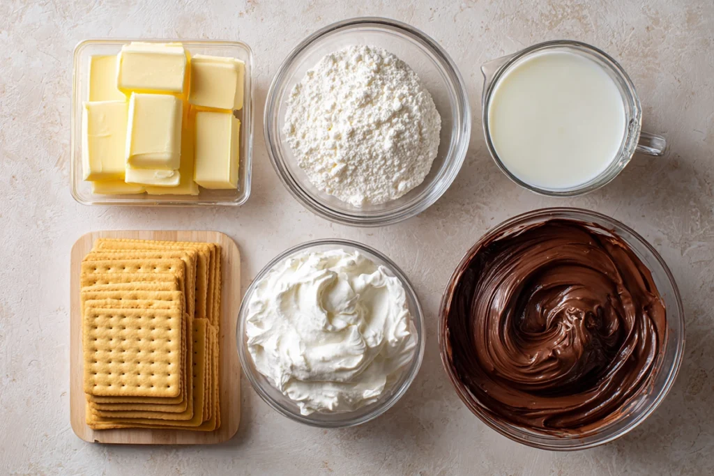 Ingredients for No Bake Eclair Cake arranged overhead on a kitchen counter