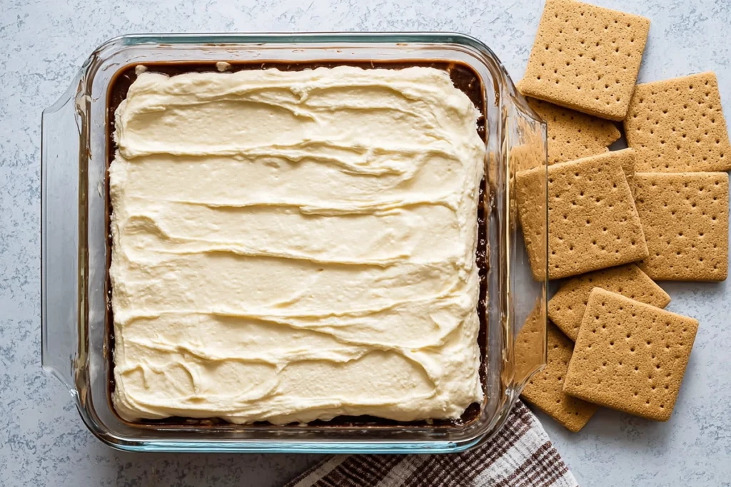 Layering graham crackers and pudding for No Bake Eclair Cake