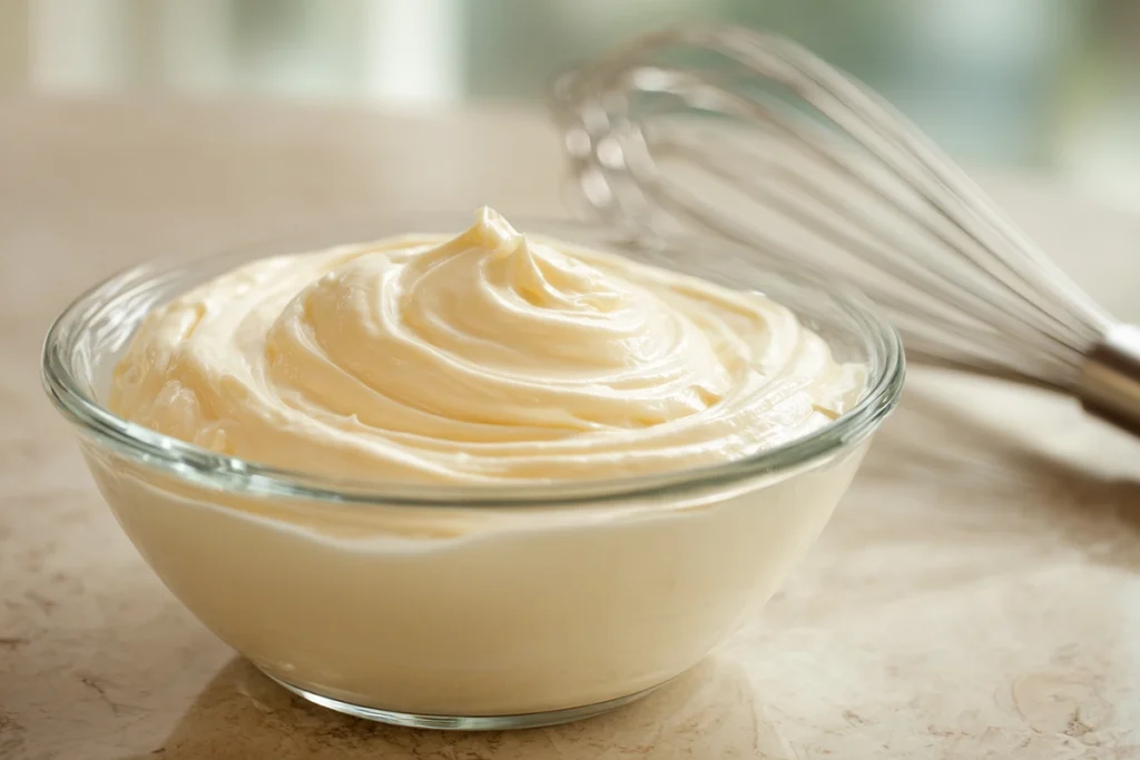 Mixing creamy pudding filling for No Bake Eclair Cake in a glass bowl