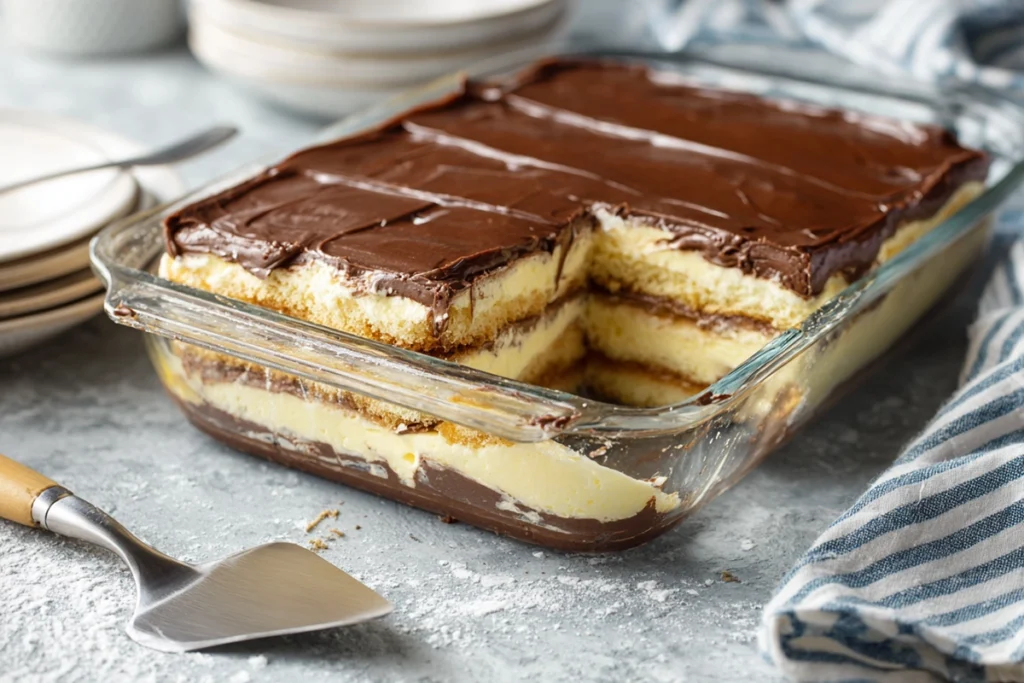 No Bake Eclair Cake sliced and ready to serve in a home kitchen
