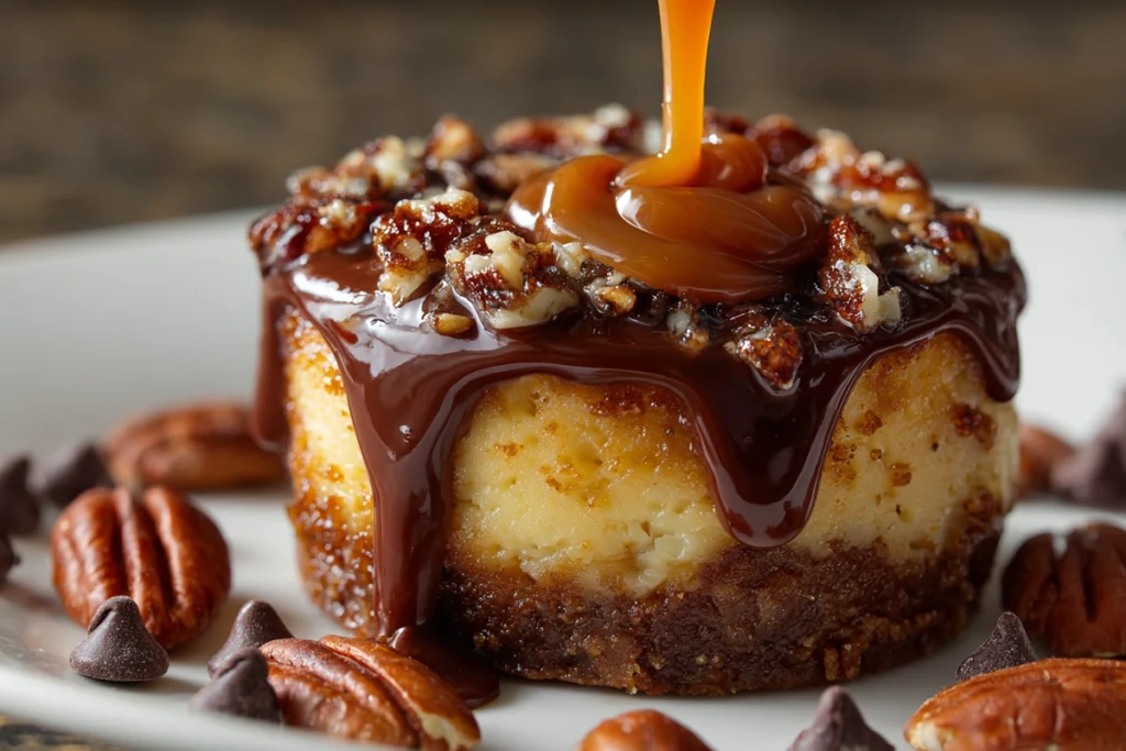 Mini No Bake Turtle Cheesecake topped with caramel and chocolate ganache with pecans