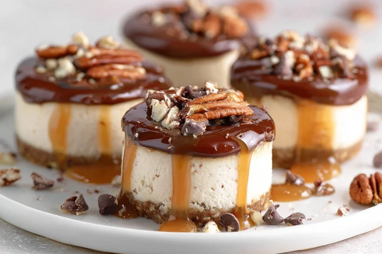 Hero shot of No Bake Turtle Mini Cheesecakes on a modern ceramic plate