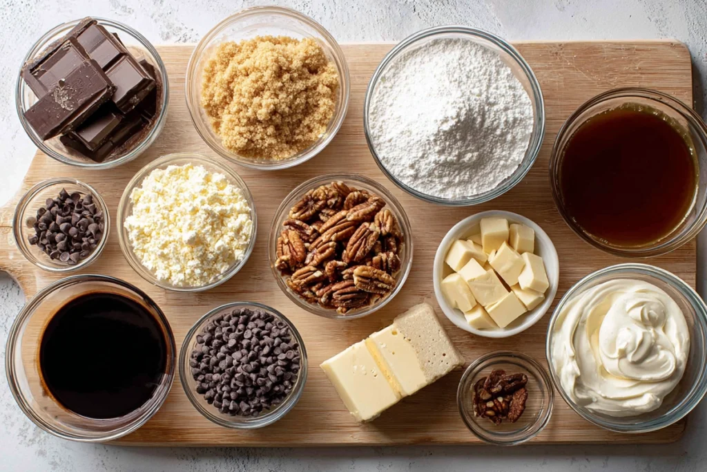 Overhead view of ingredients for No Bake Turtle Mini Cheesecakes arranged in glass bowls and on a wooden board