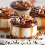Pinterest image of No Bake Turtle Mini Cheesecakes with caramel and chocolate topping