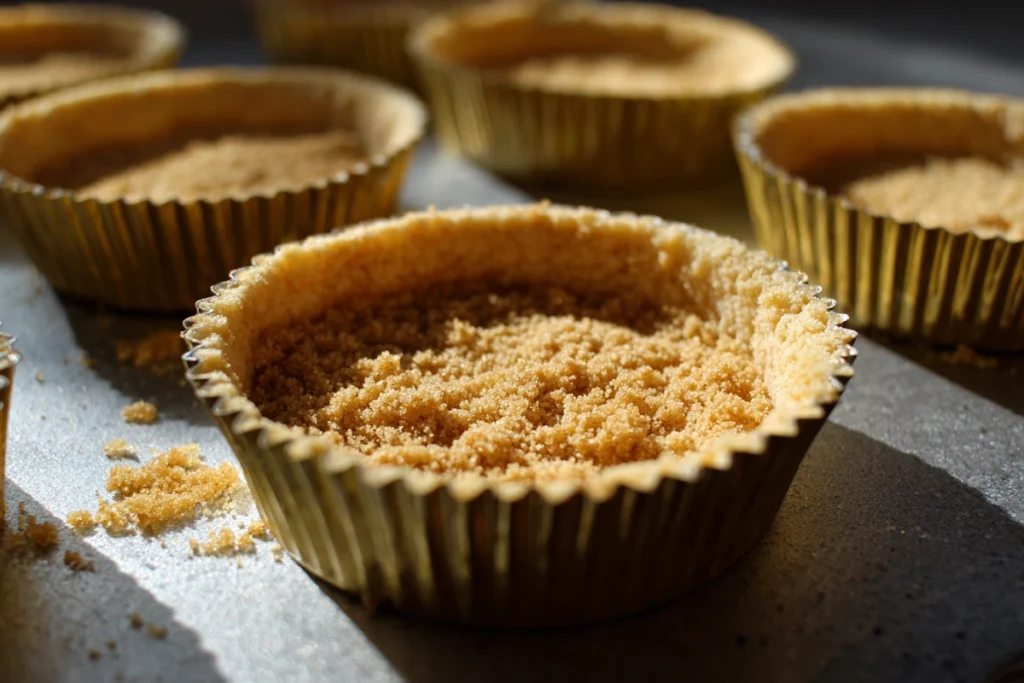 Pressing graham cracker crust for No Bake Turtle Mini Cheesecakes into mini cups