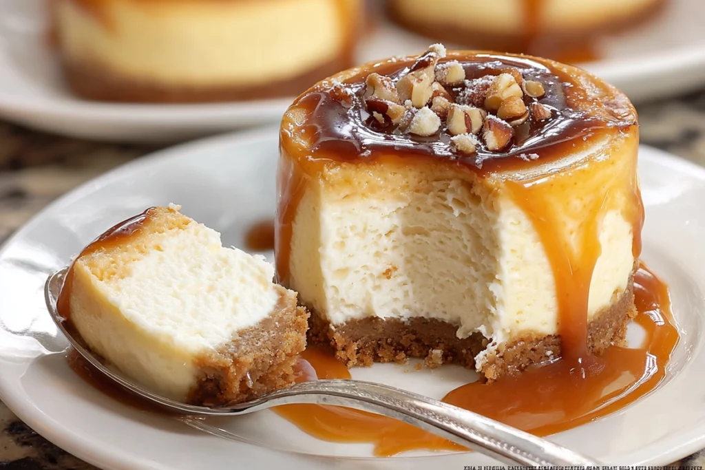 Serving shot of No Bake Turtle Mini Cheesecakes with one portion cut and spoonful on plate