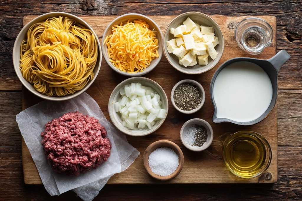 Ingredients for One Pot Beef and Cheddar Ranch Pasta arranged on a kitchen counter