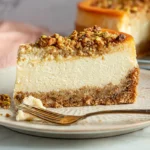 Honey Baklava Cheesecake plated with flaky nut crust and creamy honey filling