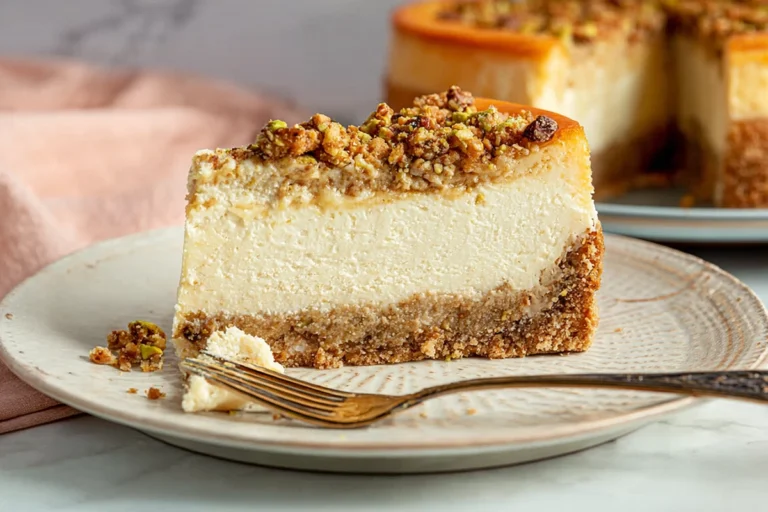 Honey Baklava Cheesecake plated with flaky nut crust and creamy honey filling