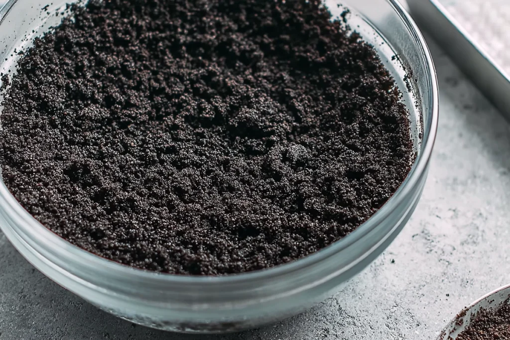 Oreo crust mixture for Red Velvet Oreo Cheesecake in a glass bowl