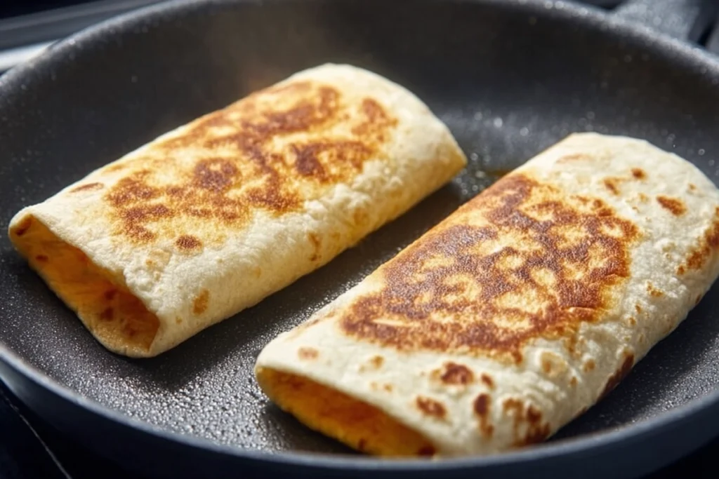 Cheesy garlic chicken wraps cooking seam-side down in a skillet