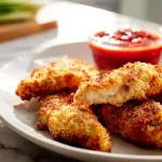Parmesan Crusted Chicken Tenders baked until golden and crispy on a ceramic plate