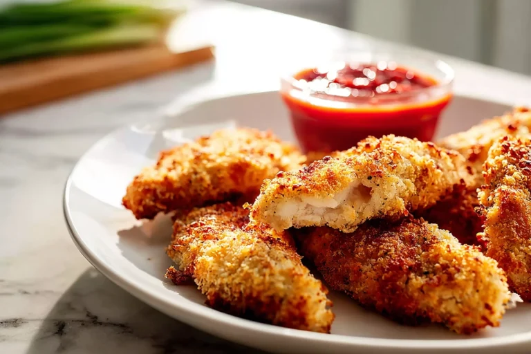 Parmesan Crusted Chicken Tenders baked until golden and crispy on a ceramic plate