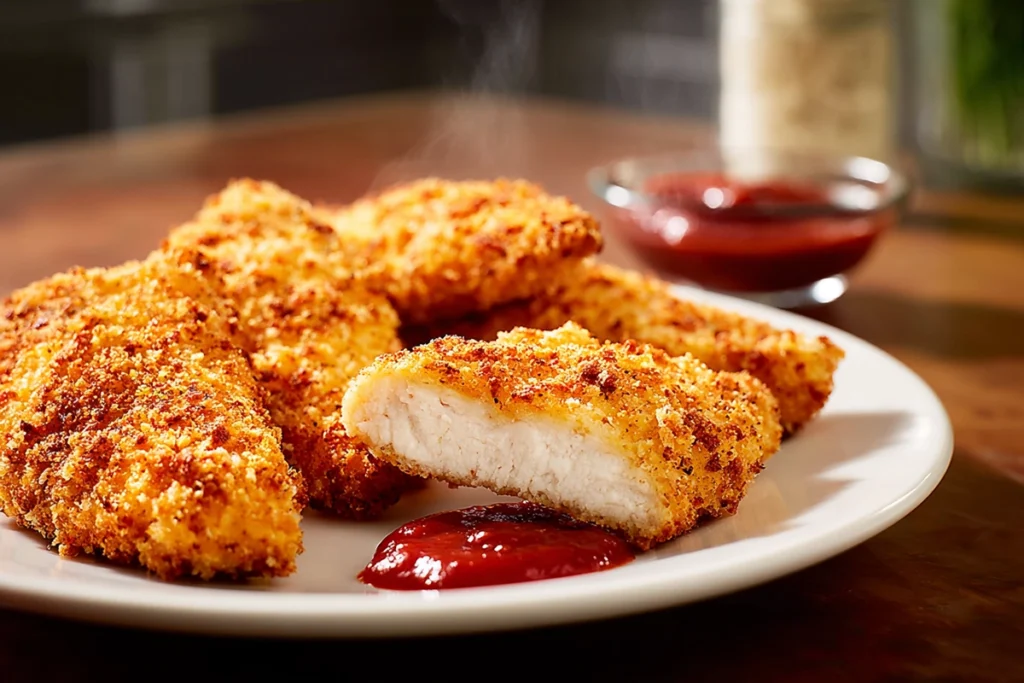 Parmesan Crusted Chicken Tenders served hot with a juicy interior