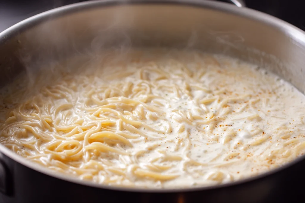 Pasta simmering in creamy sauce for One Pot Beef and Cheddar Ranch Pasta