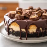 Peanut Butter Cup Cheesecake on a ceramic plate with chocolate ganache and peanut butter cups