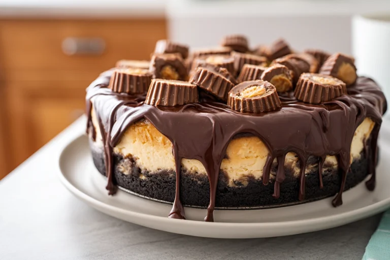Peanut Butter Cup Cheesecake on a ceramic plate with chocolate ganache and peanut butter cups