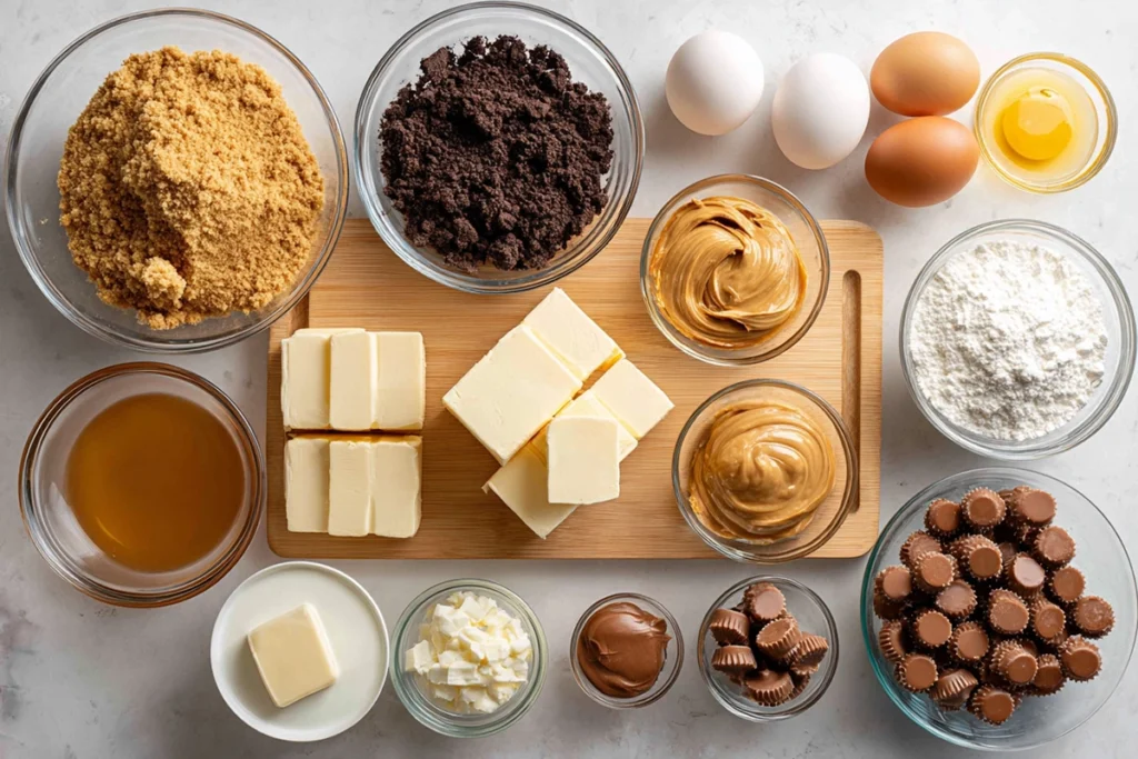 Peanut Butter Cup Cheesecake That Feels Like a Celebration at Home 7 Peanut Butter Cup Cheesecake ingredients arranged in glass bowls on a kitchen counter