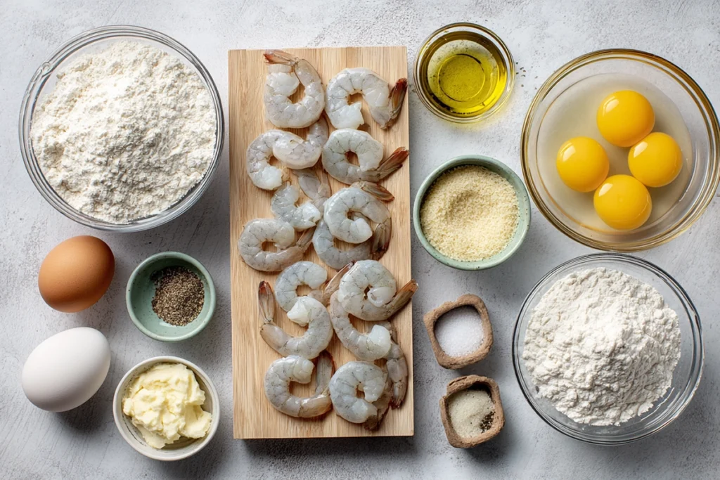 Ingredients for Perfect Panko Shrimp arranged overhead in a modern kitchen