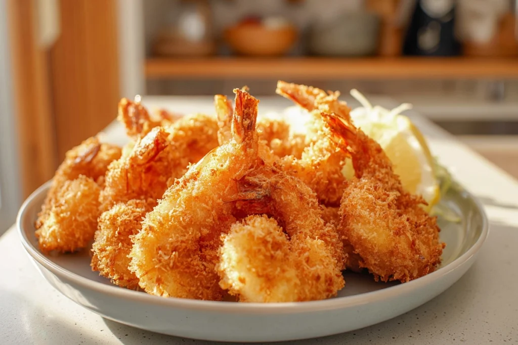 Perfect Panko Shrimp broken open showing juicy shrimp inside