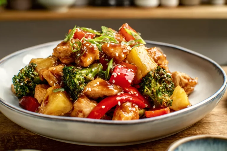 Pineapple chicken stir fry recipe served on a ceramic plate in a cozy home kitchen