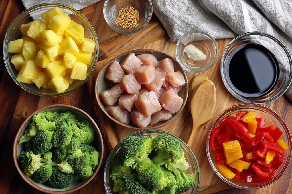 Ingredients for pineapple chicken stir fry recipe arranged overhead on a kitchen counter