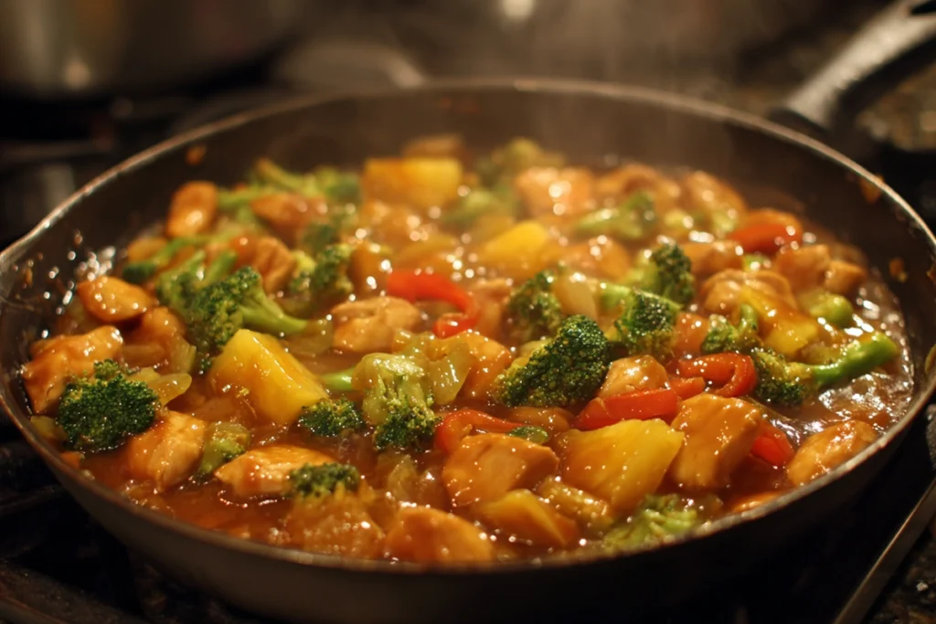 Sauce thickening in pineapple chicken stir fry recipe with chicken and vegetables