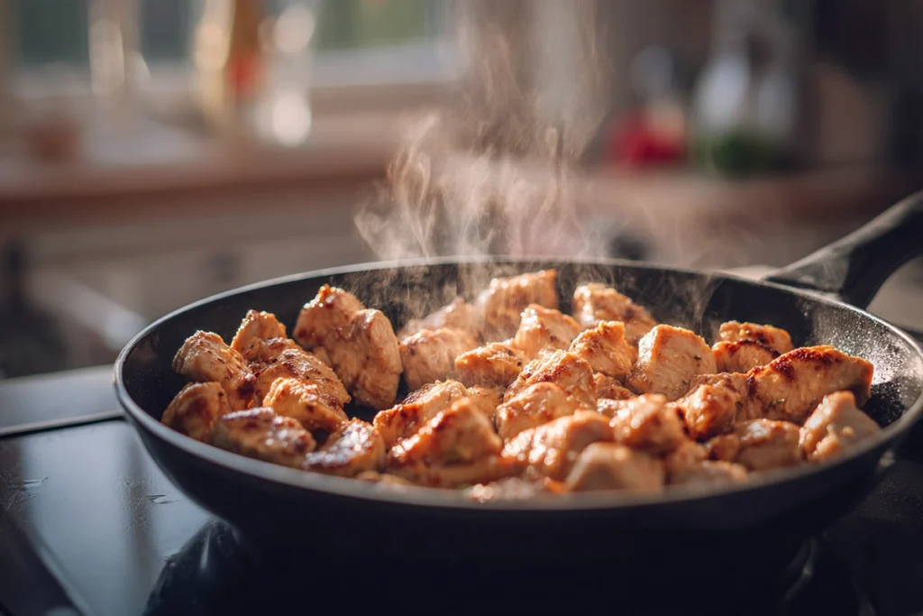 Chicken being seared for pineapple chicken stir fry recipe in a home kitchen skillet